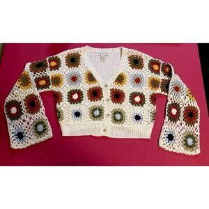 SINCERELY JULES CROCHET MULTI COLOR GRANNY SQUARES CARDIGAN SZ MED GRANDMACORE